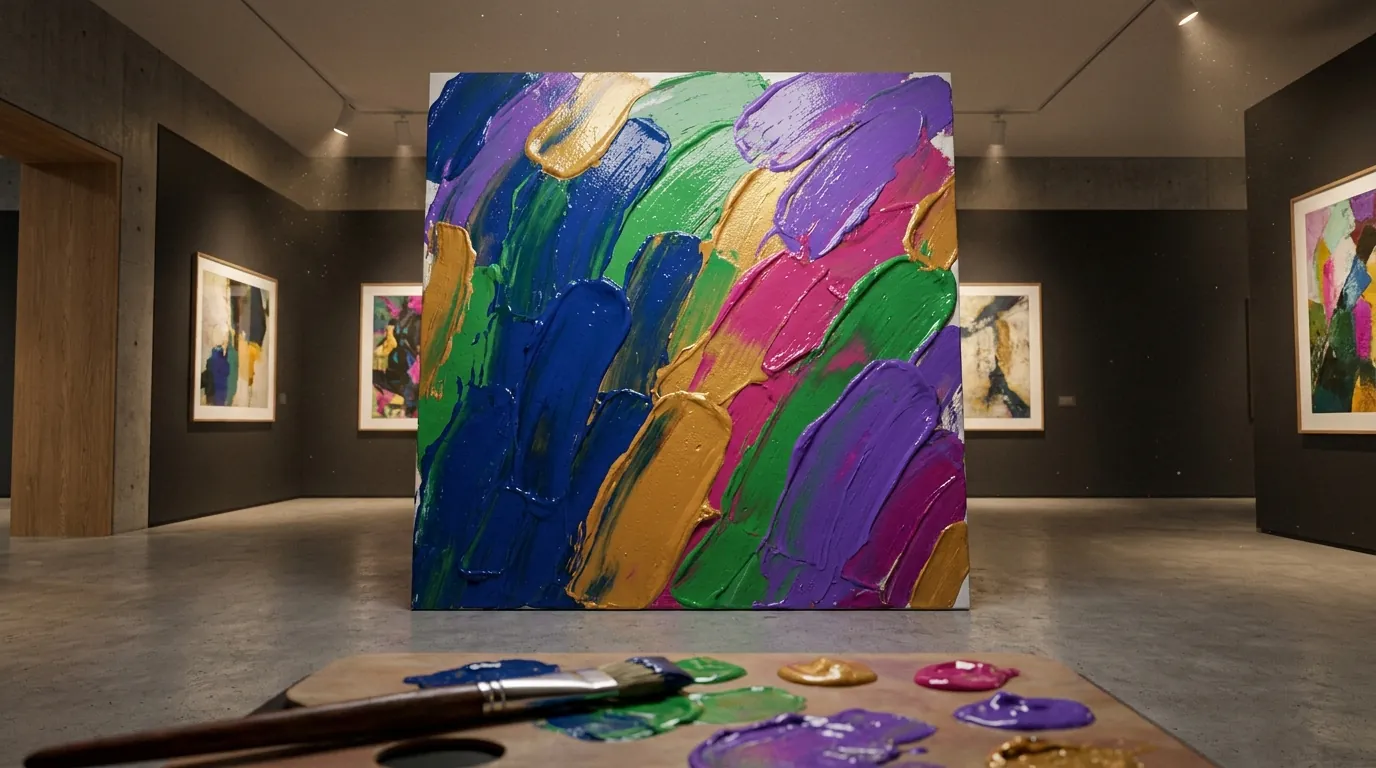 An art gallery showcases an abstract painting with bold brushstrokes, exemplifying creative arts training.