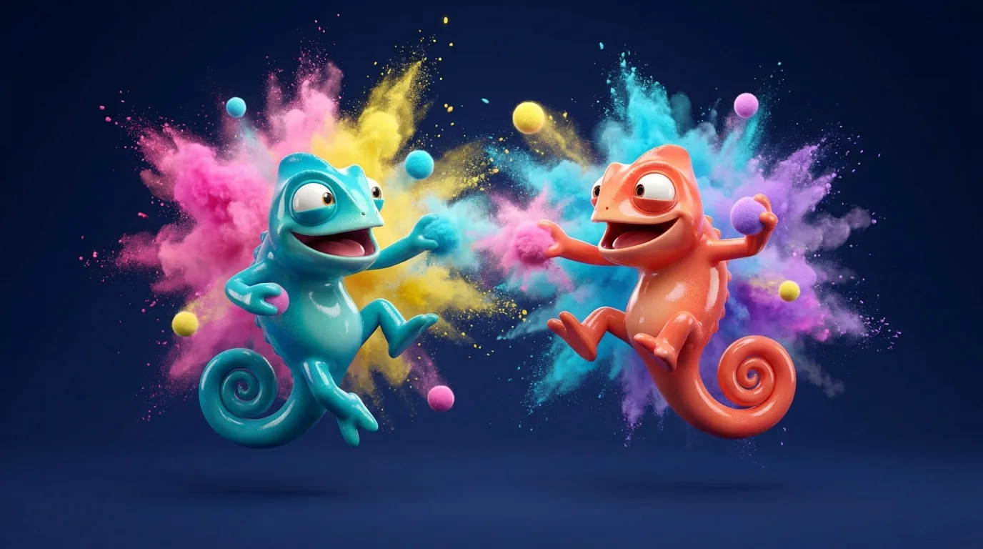 Two cartoon chameleons play with colorful powder, representing creative arts training at CAQA Creative.