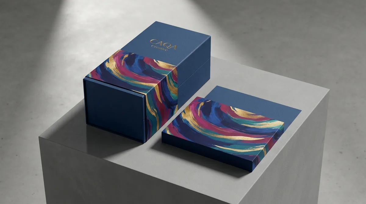 Two gift boxes with abstract designs showcase CAQA Creative's colorful packaging.