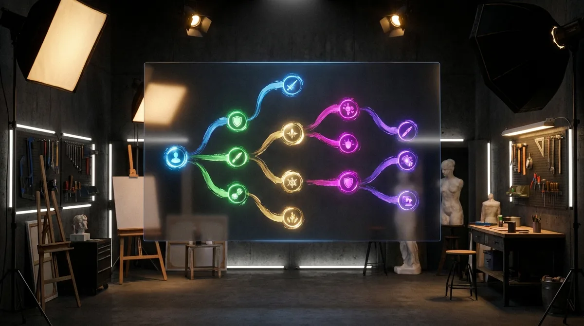 A dimly lit studio shows a complex network diagram on screen, showcasing creative arts technology.