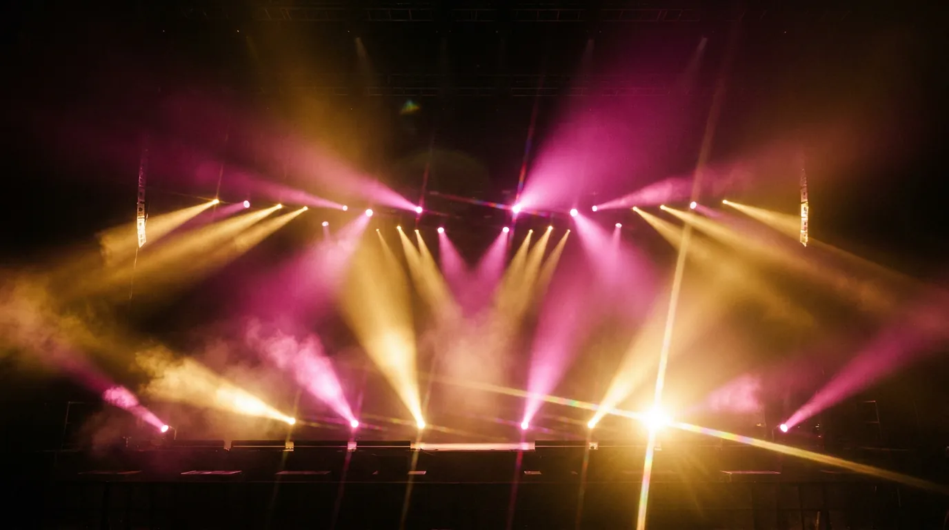 Stage lights and smoke effects create atmosphere during a live performance, showcasing creative arts training at CAQA.