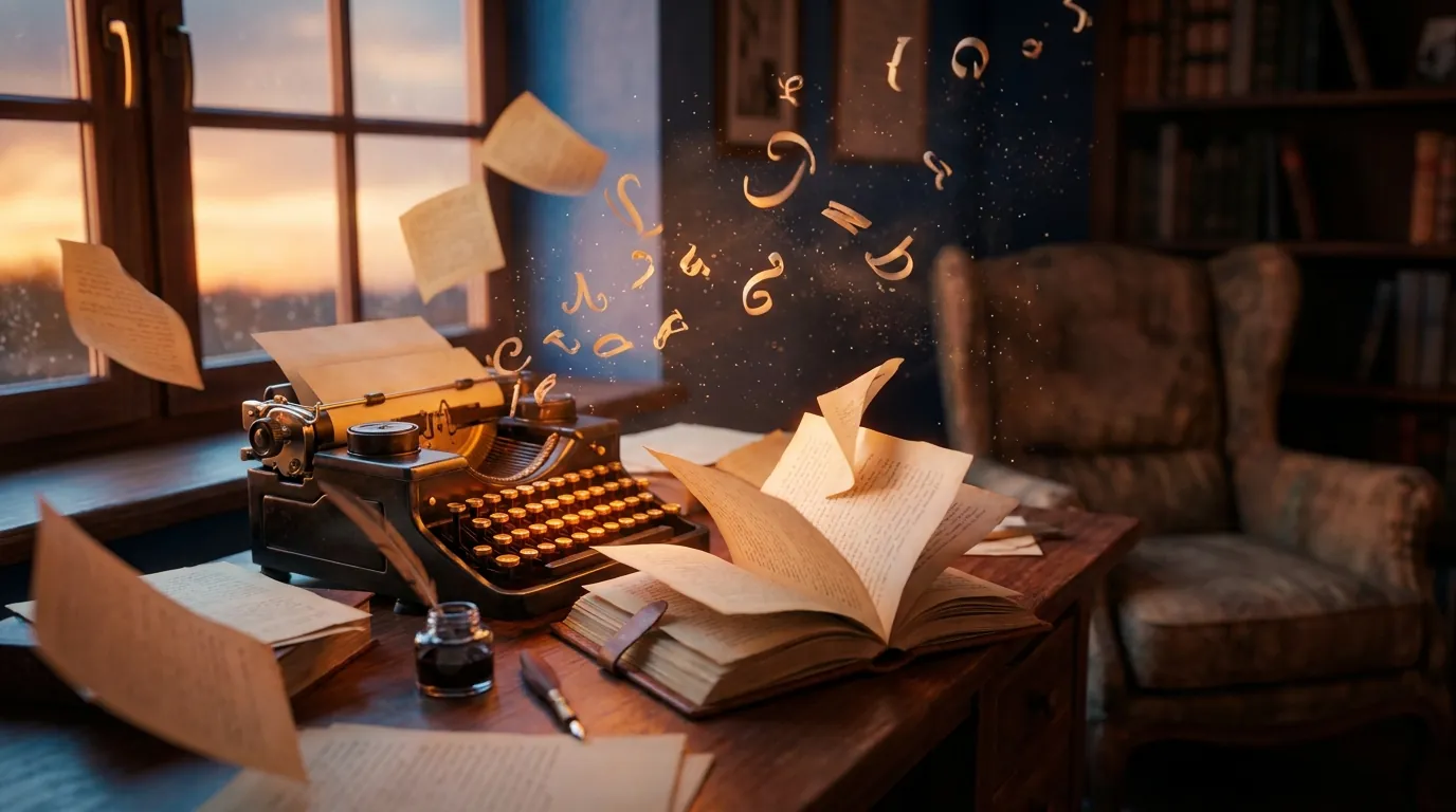 A vintage typewriter rests on a wooden desk, inspiring creative writing.