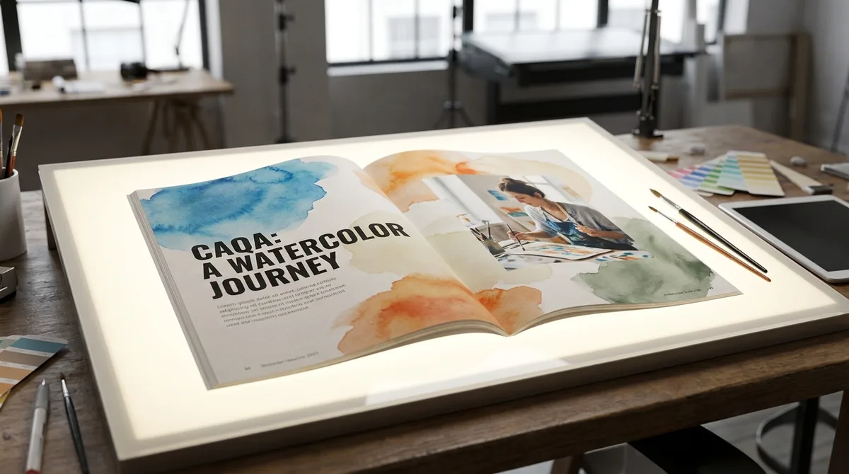 A watercolor painting is displayed on a lighted tracing pad with art supplies, showcasing creative arts training.
